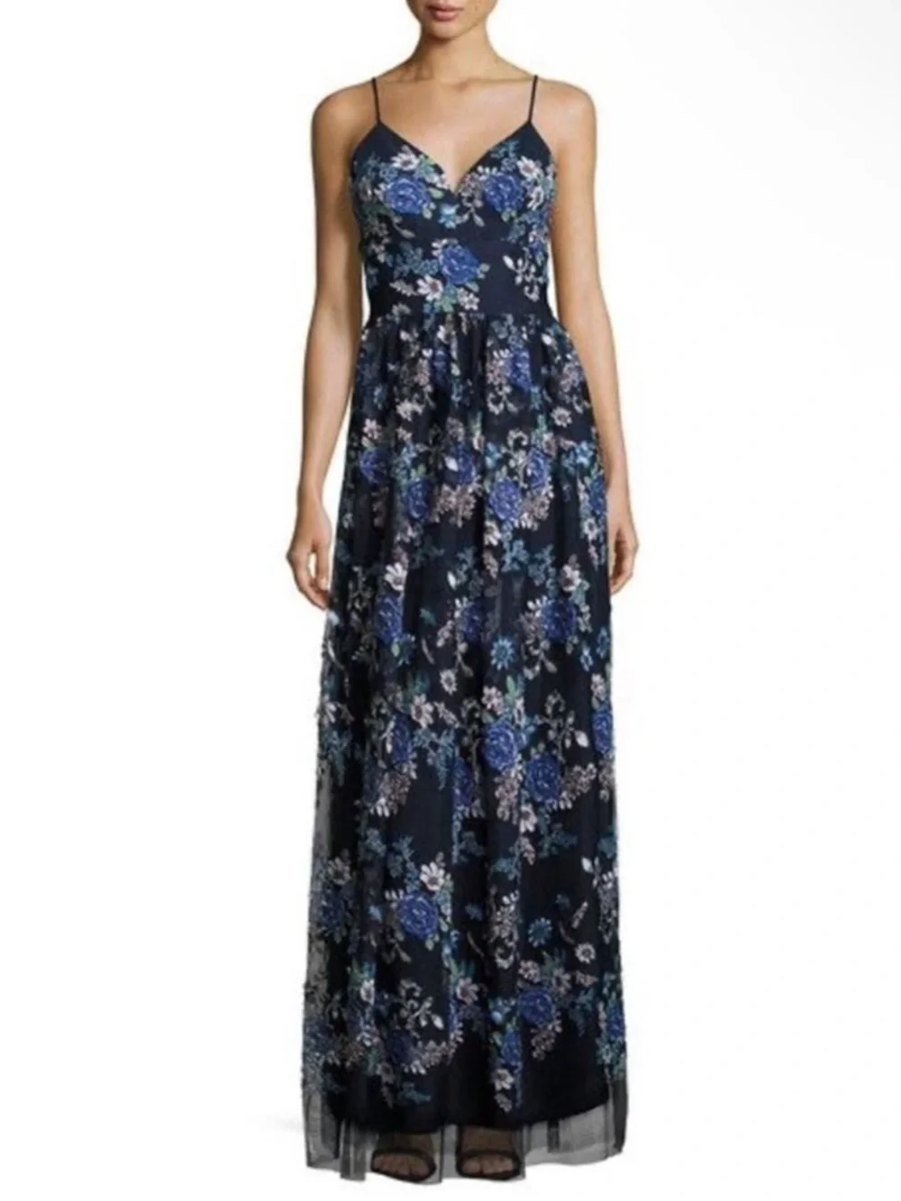 Nicole Miller Navy Floral Embroidered Maxi Dress